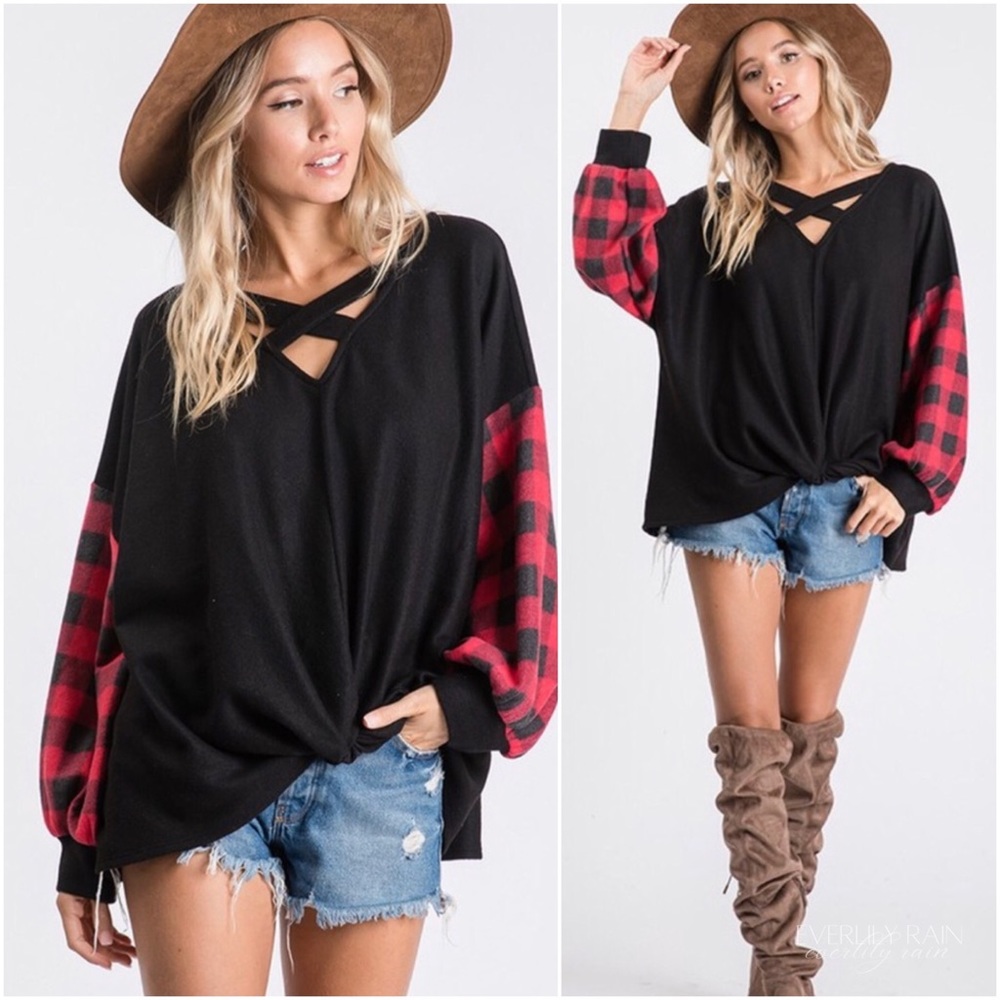 💞 2 PK | Super Soft Color Block Plaid Sleeve Sweater Top